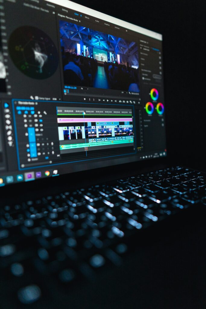 Video editing timeline on a laptop screen representing Hailuo AI video generation workflow